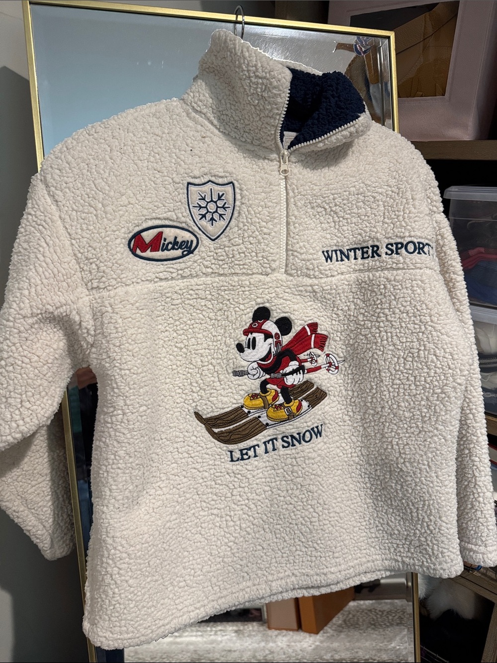 Disney Cream Fleece Pullover with Red & Black Mickey Ski Graphic